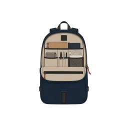 A half-zip backpack opened to reveal its admin panel: a tan high-visibility interior with stacked slip pockets, a row of pen slots, a small zippered card pocket, and a notebook tucked in, everything laid out and visible at once.