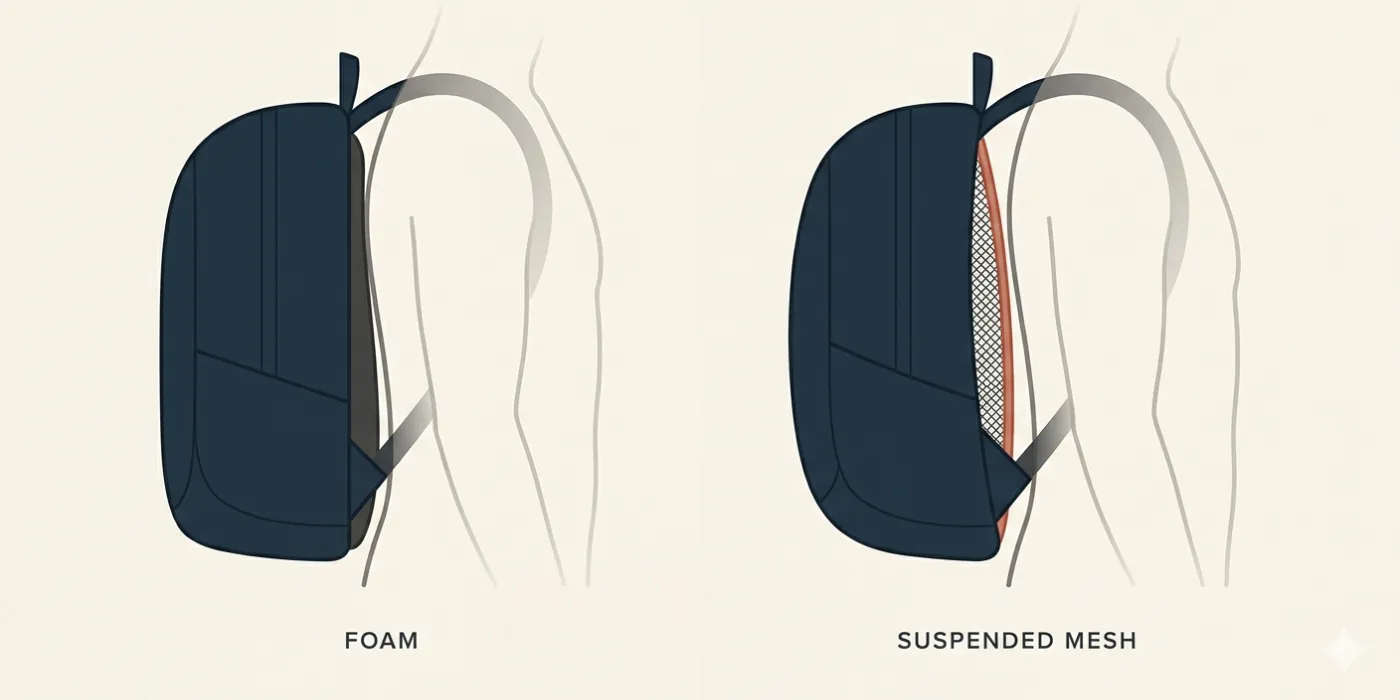 A bag worn against a torso; the gap between the bag and the spine is highlighted.