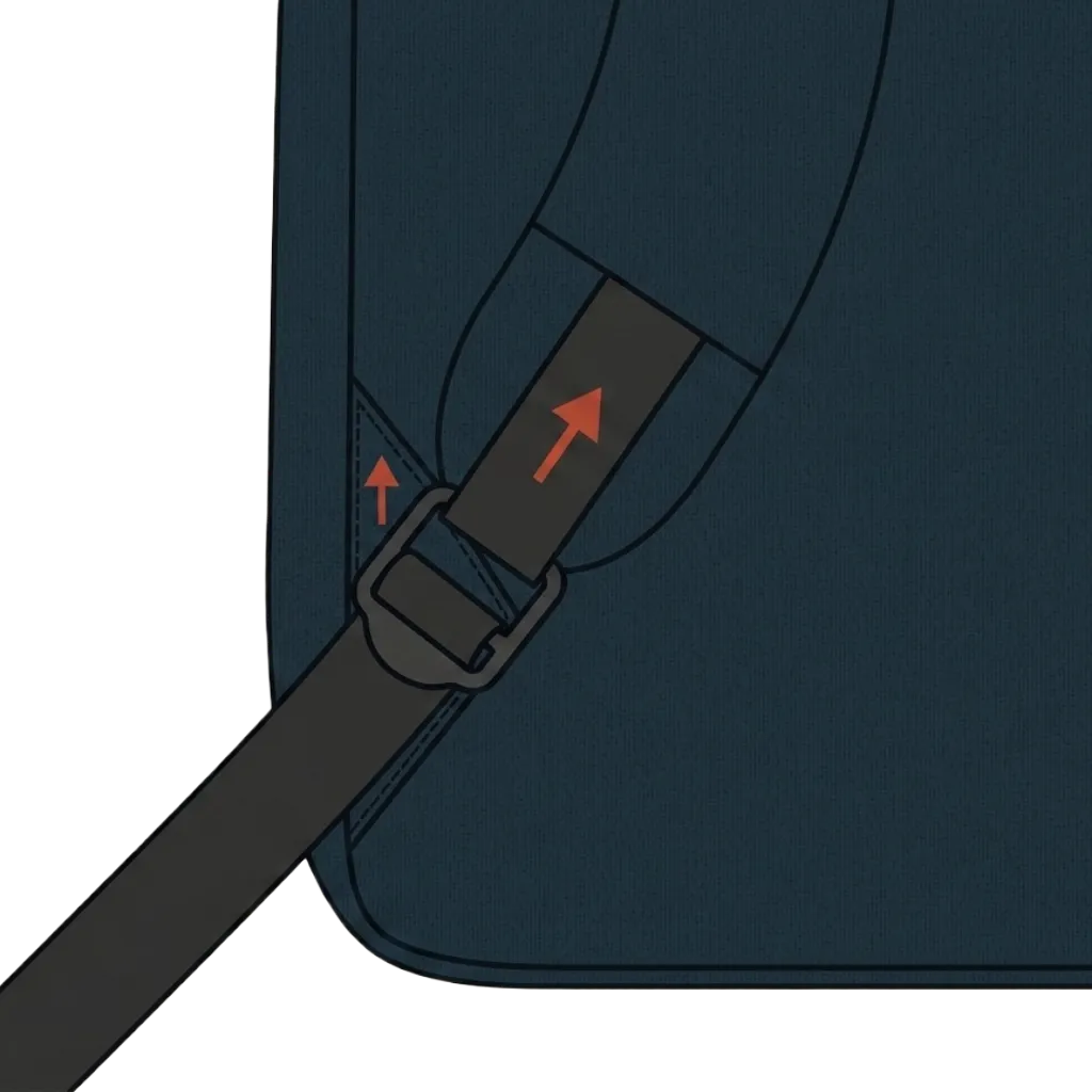 Detail of where a shoulder strap terminates at the bottom of the back panel: webbing passes through a tri-glide adjuster and lands on a reinforcement patch, with two arrows showing the back-and-up dynamic load as the wearer moves.