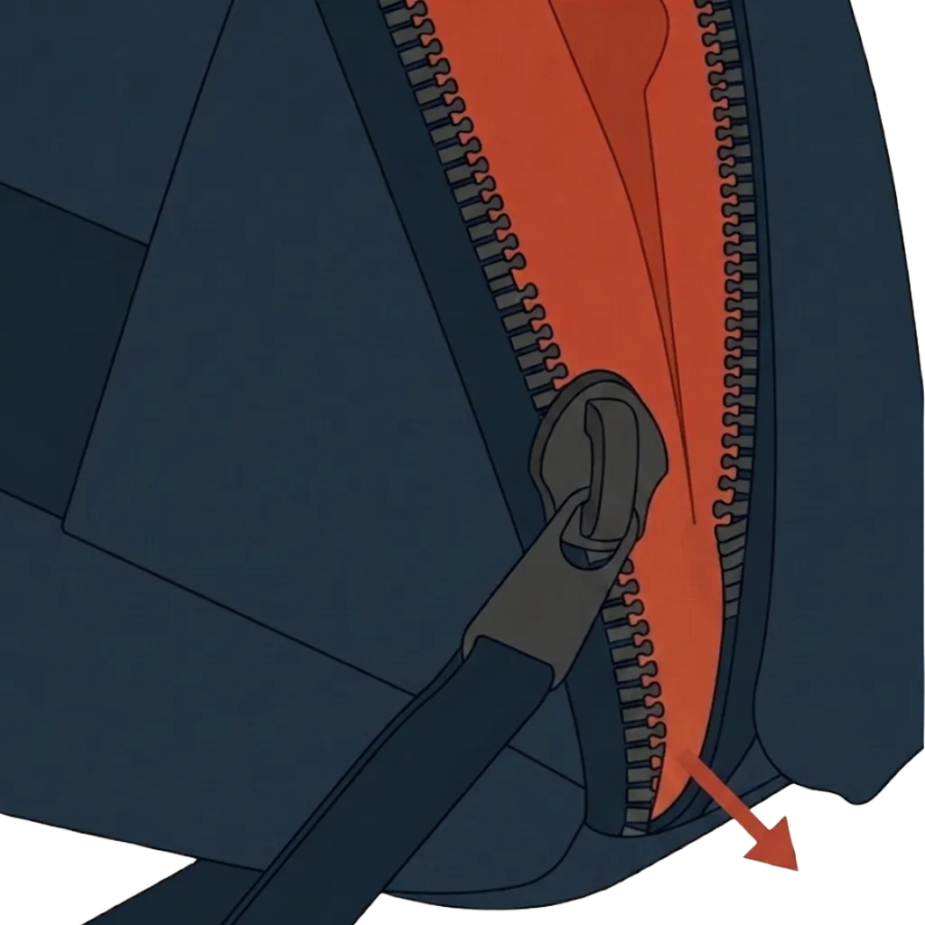Close-up of a zipper run where the tape has pulled away from the bag panel: the slider is engaged but the teeth on one side are no longer held against the seam, exposing the terracotta interior lining through the open gap.