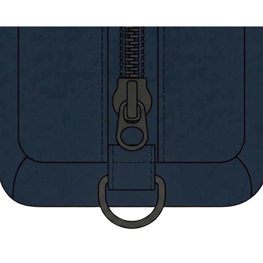 Corner of a bag showing a zipper slider parked at the bottom of its track, captured against a small webbing tab and an external D-ring, the counter-pull anchor where a carabiner or paracord loop locks the zipper closed.