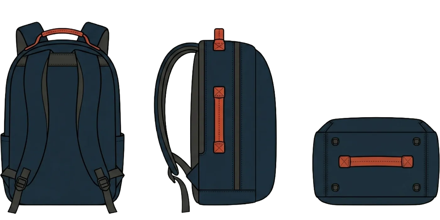 Three views of an anonymous backpack with one grab handle highlighted in terracotta on each: top haul handle stitched across the top edge, vertical side handle on the upper side panel, horizontal bottom drag handle across the lower back panel.