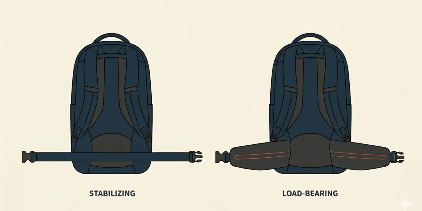 A hip belt diagram showing the difference between a stabilizing belt and a load-bearing one.