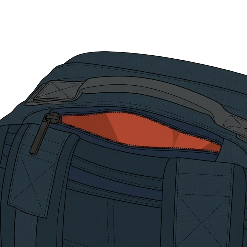 A navy backpack seen from the top, its horizontal quick-access zip pocket half open beside the grab handle, revealing a terracotta-lined interior. The main compartment stays closed below.