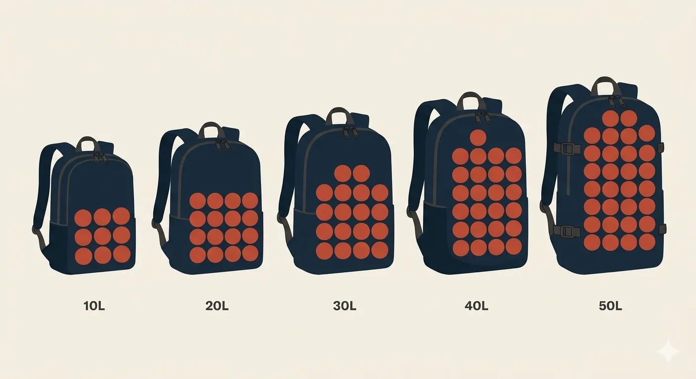 Five backpack silhouettes scaled up left to right (10L, 20L, 30L, 40L, 50L), each filled with dots to show how the carry envelope grows across the range.