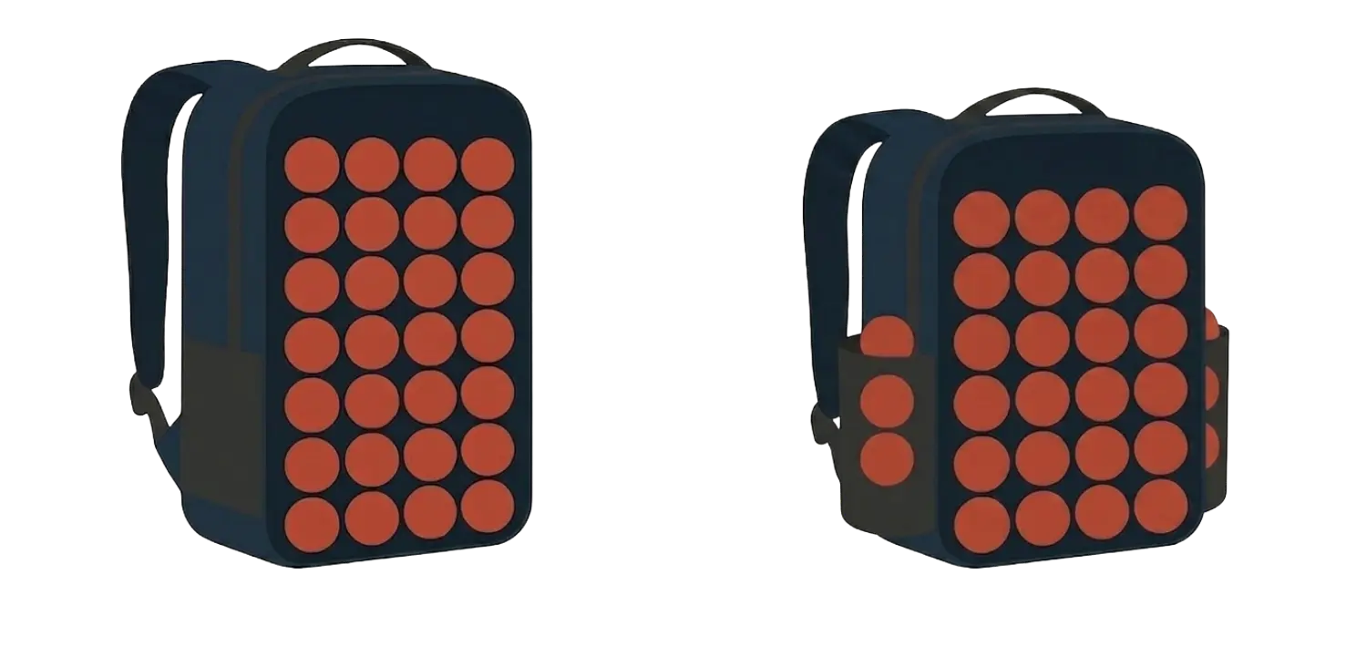Two 30L bags side by side; the multi-pocket bag distributes the same balls across compartments.