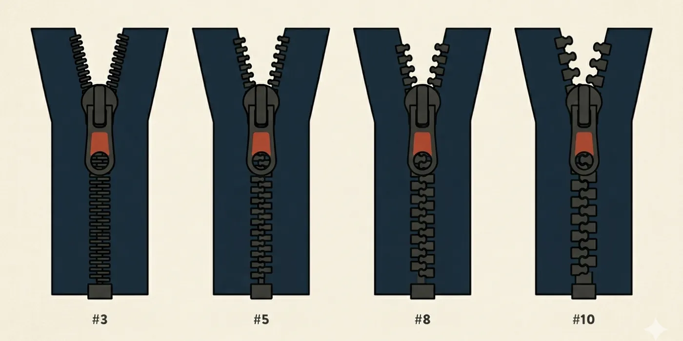 Four zippers side by side at the same scale (#3, #5, #8, #10), showing how the tooth pitch and slider mass scale up across the four common bag sizes.